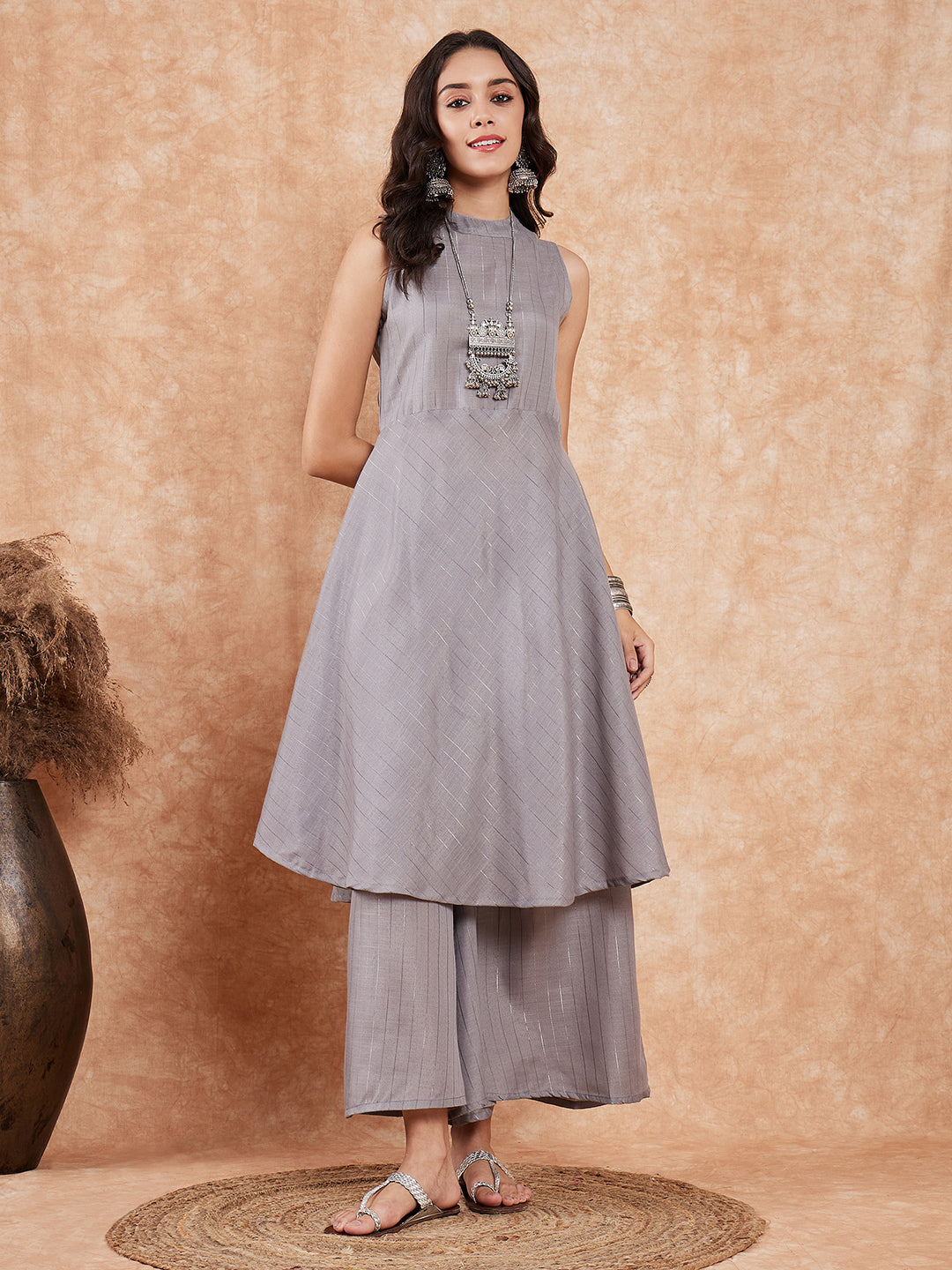 InWeave Light Grey Lurex Halter Neck W/S Kurta Palazzo Set