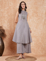 Thumbnail for InWeave Light Grey Lurex Halter Neck W/S Kurta Palazzo Set