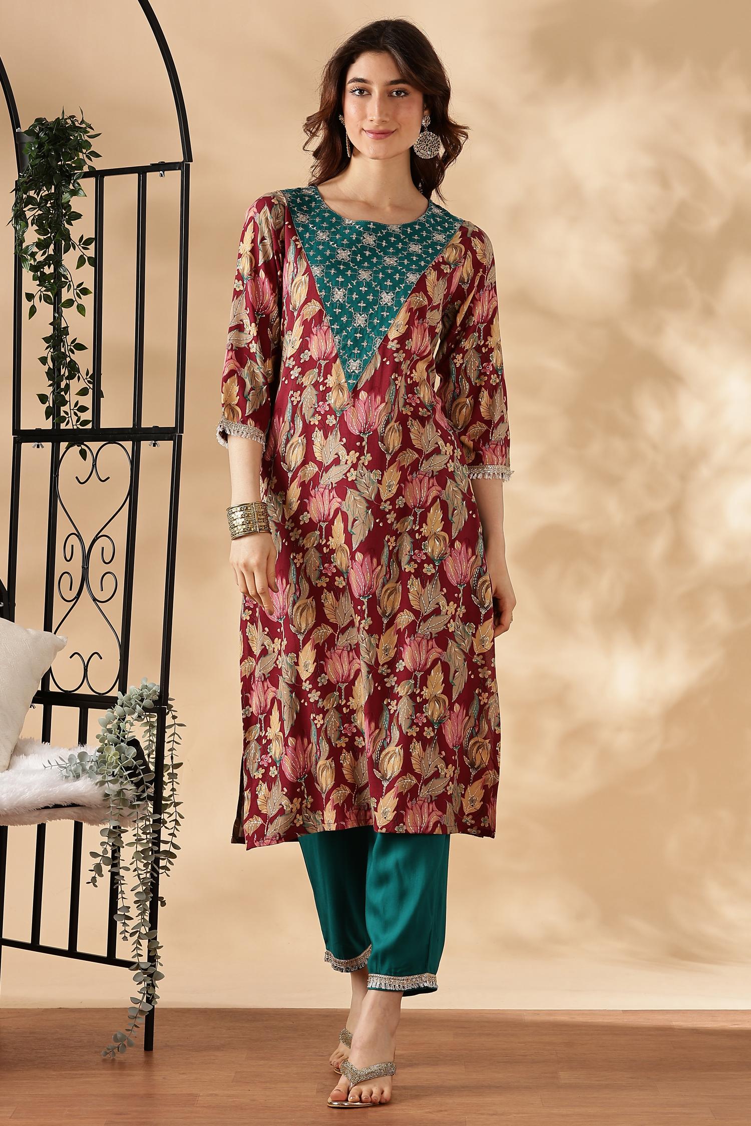BulBul Areba Printed Olive & Maroon Rayon Salwar Suit