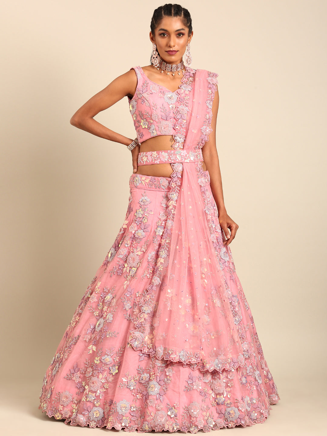 House of Panchhi PINK Net Sequins with heavy Zarkan embroidery Lehenga choli & Dupatta - Distacart