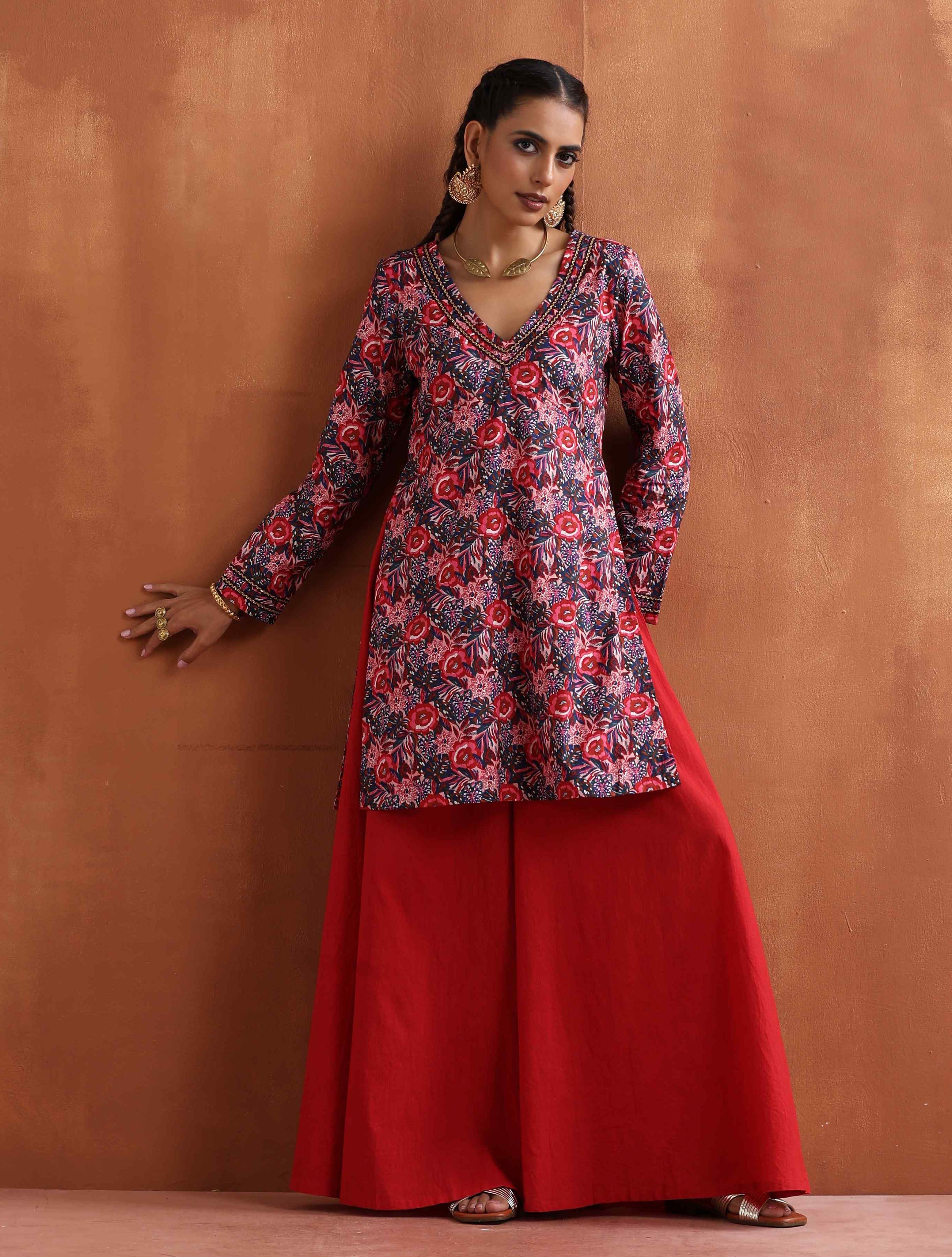 trueBrowns Rust Ajrak Print Flared Anarkali Kurta Set - Distacart