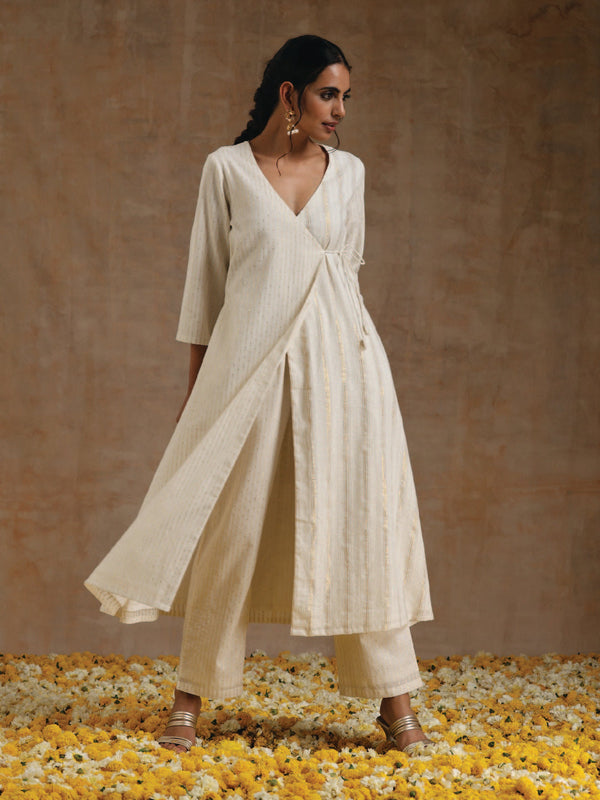 trueBrowns Ivory Gold Cotton Angrakha Kurta Set - Distacart