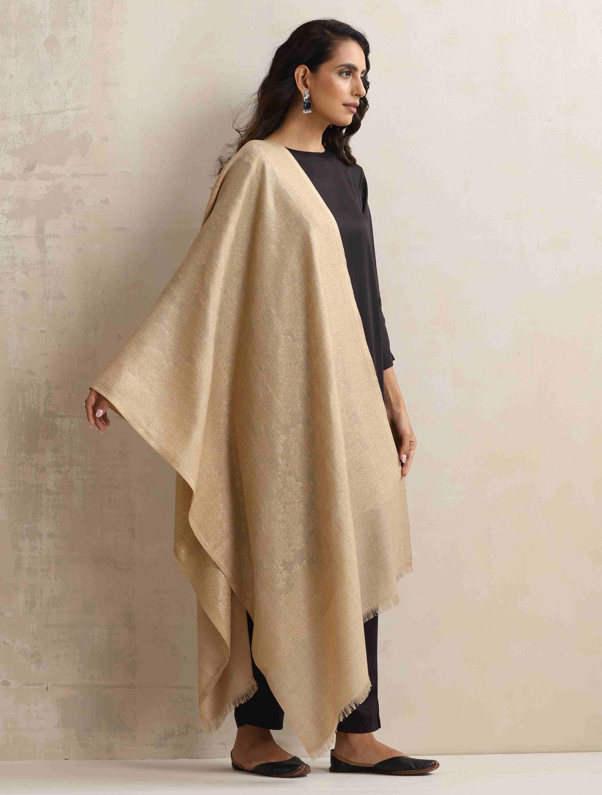 trueBrowns Beige Floral Jaal Woollen Stole - Distacart