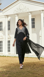 Thumbnail for BulBul Akanksha Black Cotton Kurta Set with Dupatta