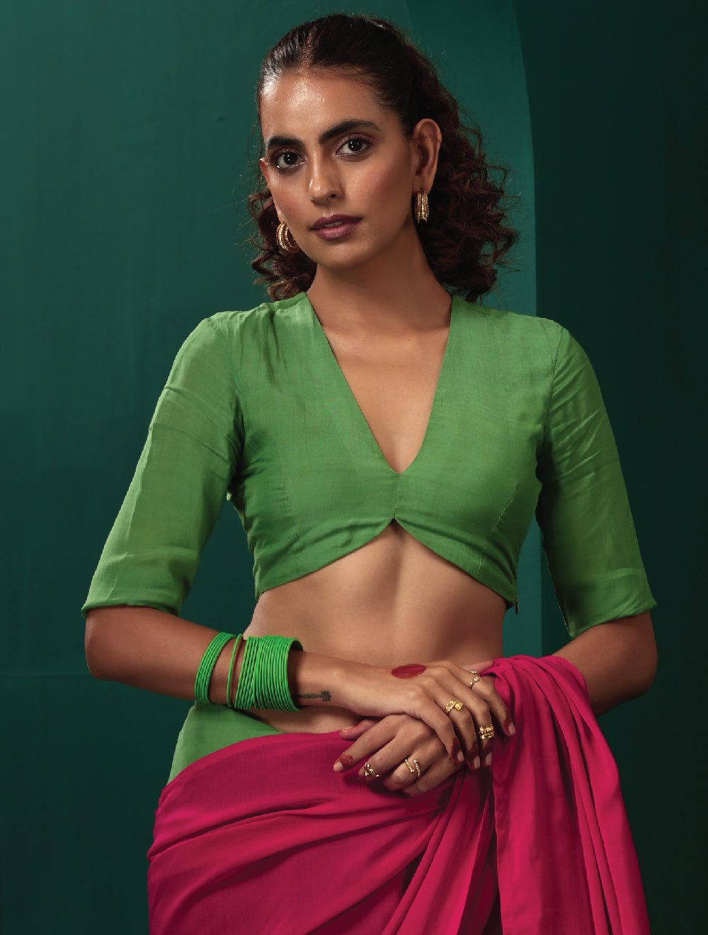 trueBrowns Green Muslin Silk Deep V-Neck Blouse - Distacart