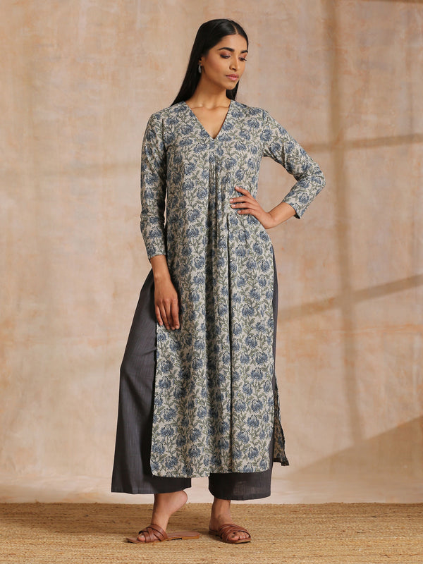 trueBrowns Blue Grey Overall Floral Block On White Print Cotton Kurta Pant Set - Distacart