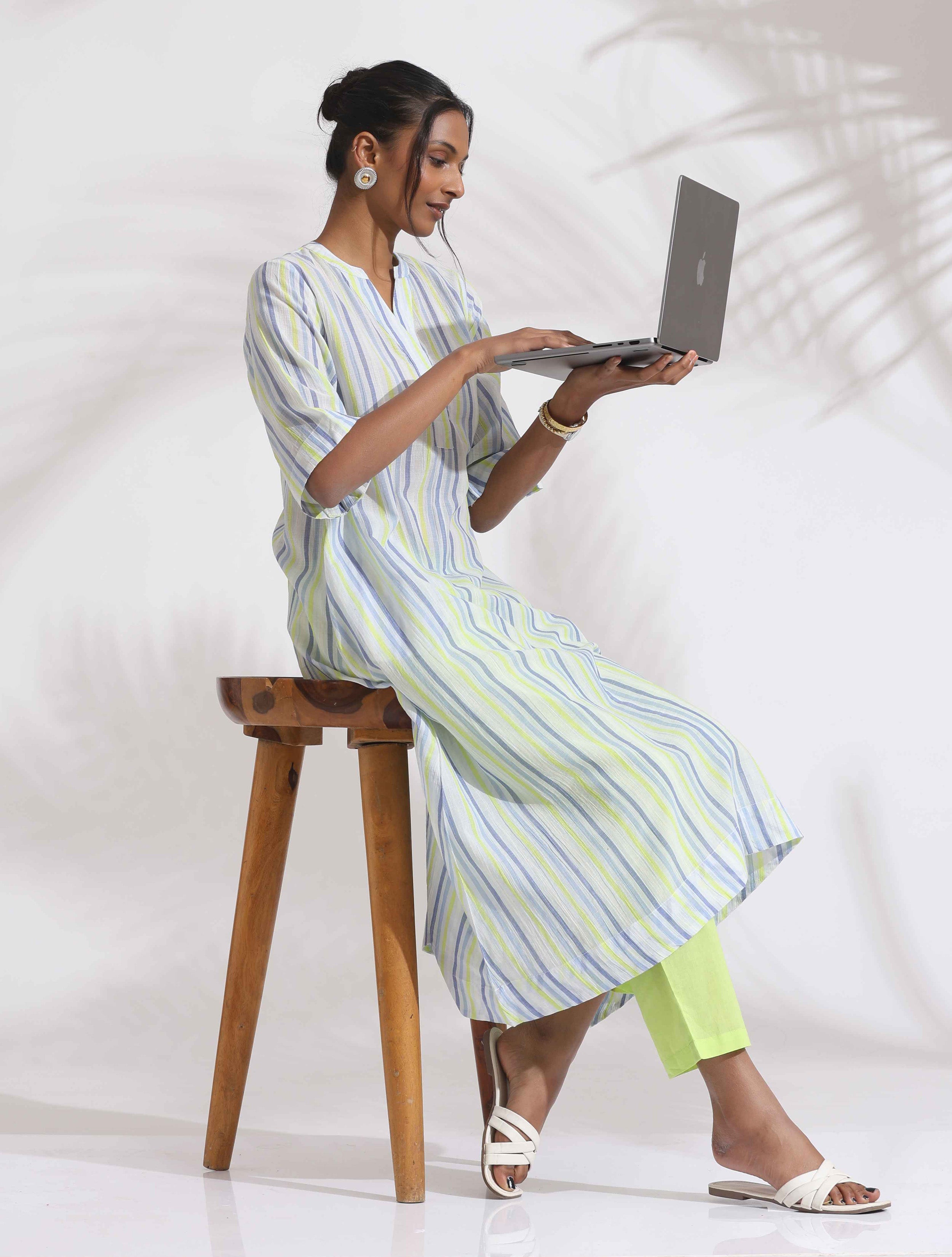 trueBrowns White Cotton Multi Stripe Flared Kurta Set - Distacart