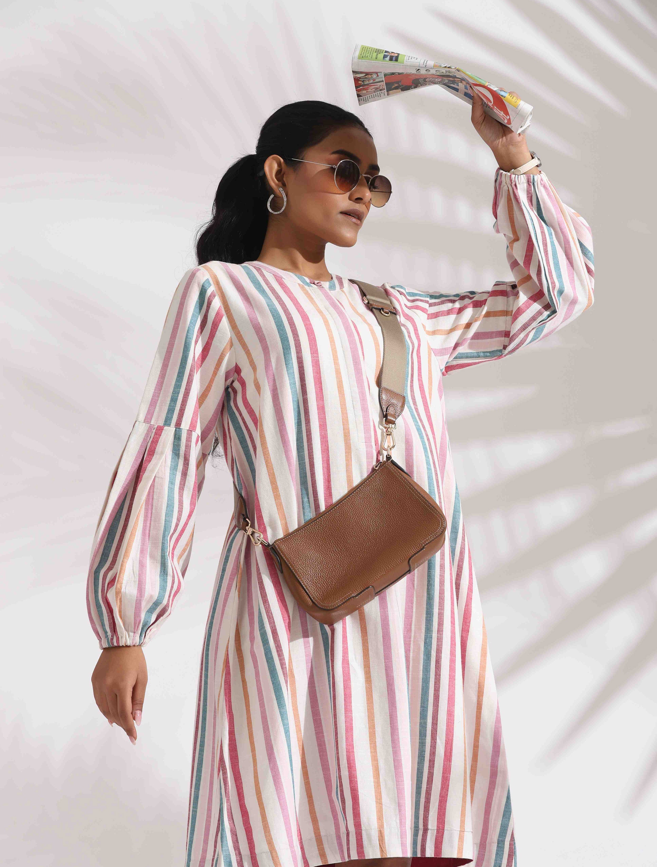 trueBrowns Off-White Cotton Multi Stripe Short Dress - Distacart