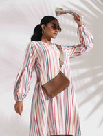 Thumbnail for trueBrowns Off-White Cotton Multi Stripe Short Dress