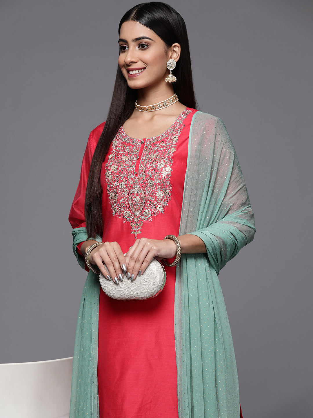 Varanga Pink Embroidered Kurta Paired With Straight Tonal Bottom And Contrast Dupatta - Distacart