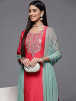 Thumbnail for Varanga Pink Embroidered Kurta Paired With Straight Tonal Bottom And Contrast Dupatta - Distacart
