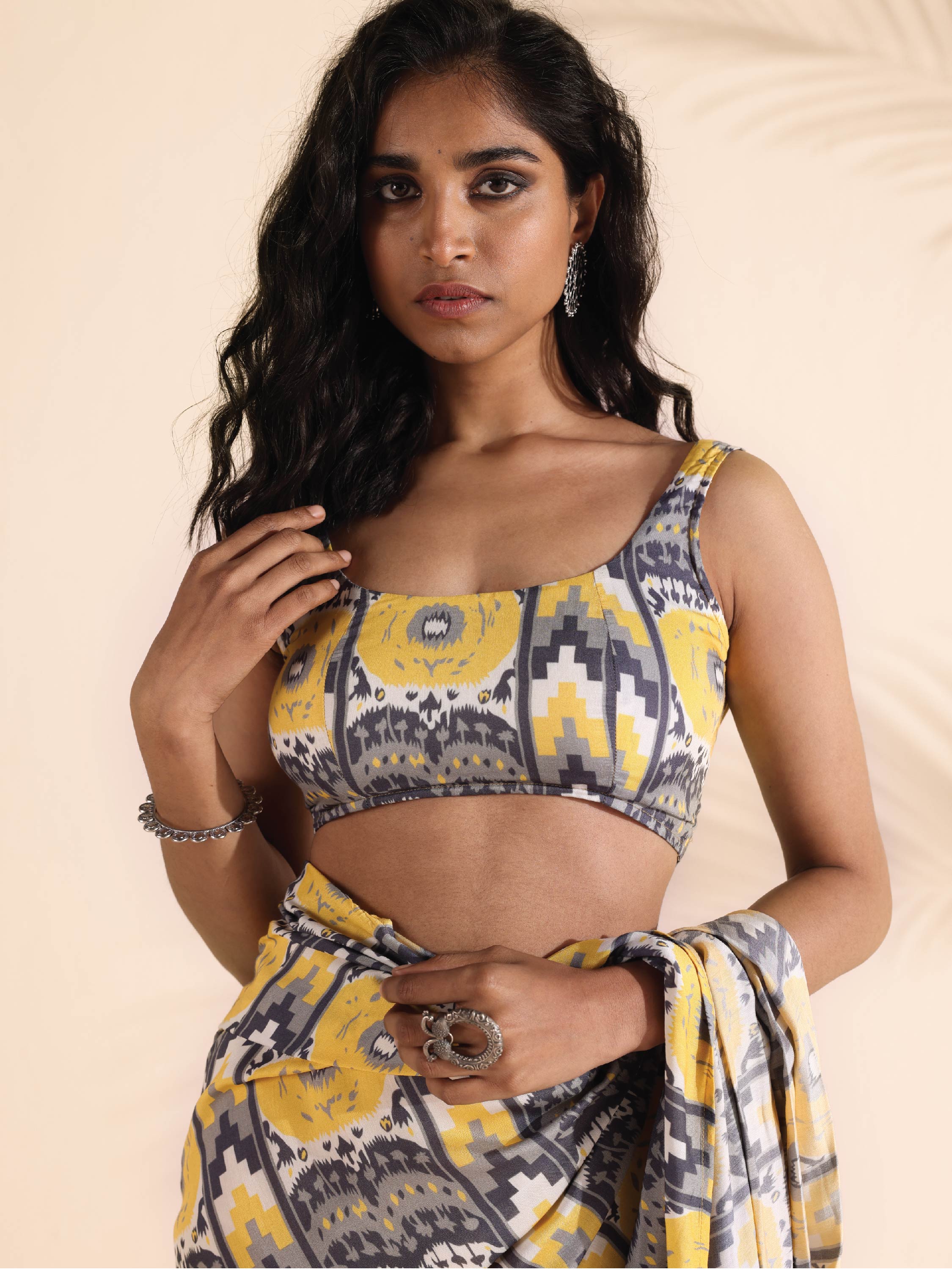 trueBrowns Yellow Muslin Ikat Sleeveless Blouse - Distacart