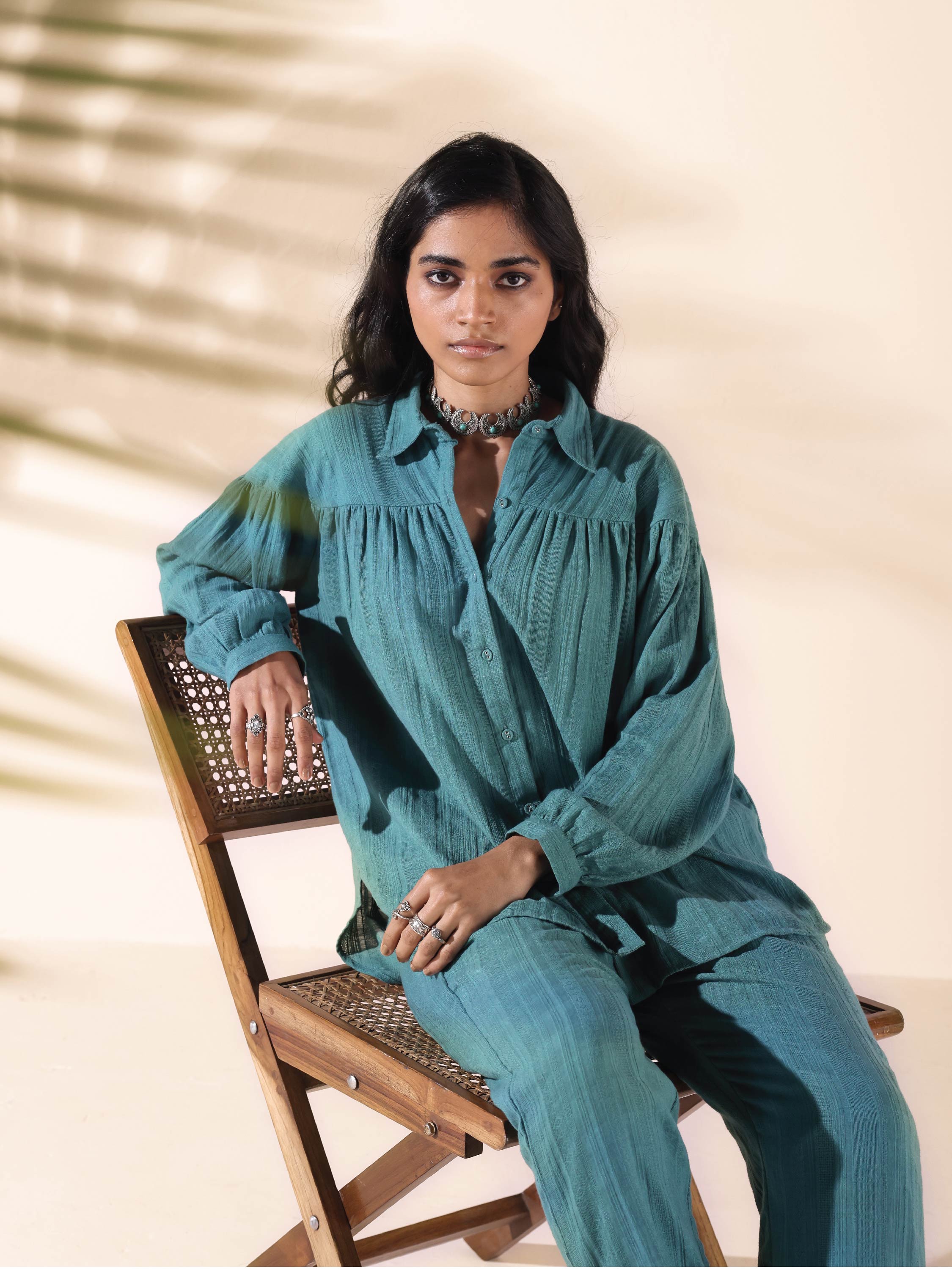 trueBrowns Turquoise Cotton Dobby Shirt Co-ord Set - Distacart