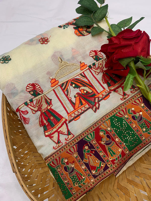 Lorenvalley Fashion Premium White Vichitra Silk Embroidery and Diamond work Both Side Saree - Distacart