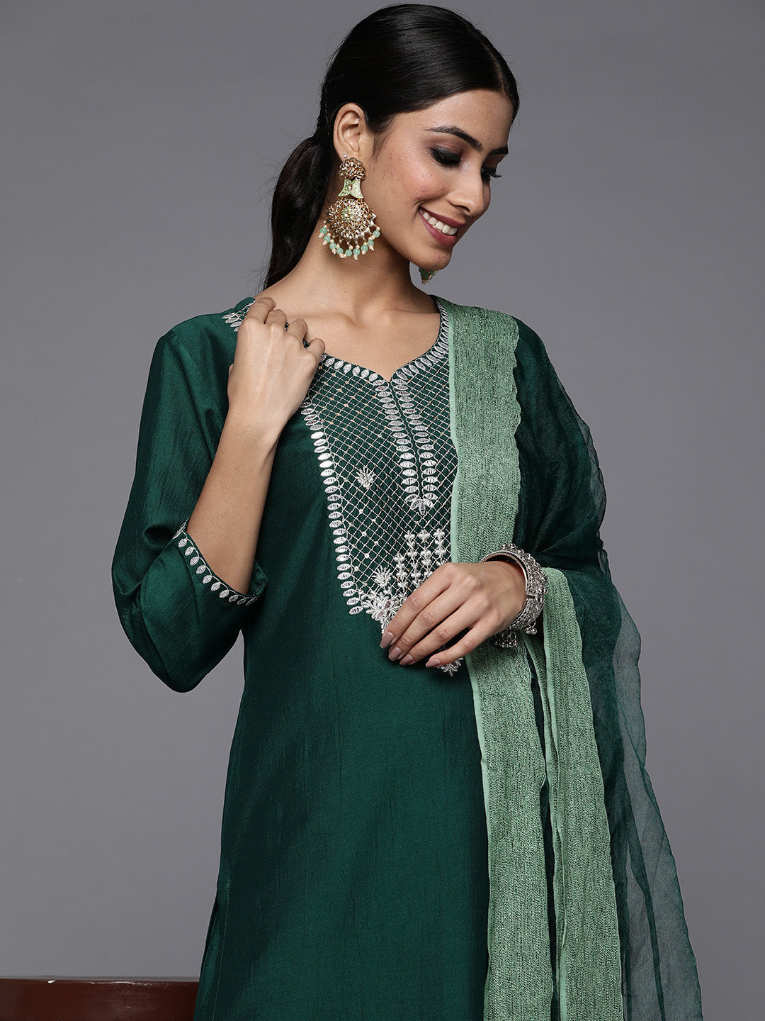 Varanga Green Embroidered Kurta Paired With Tonal Trouser And Dupatta - Distacart