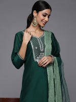 Thumbnail for Varanga Green Embroidered Kurta Paired With Tonal Trouser And Dupatta - Distacart