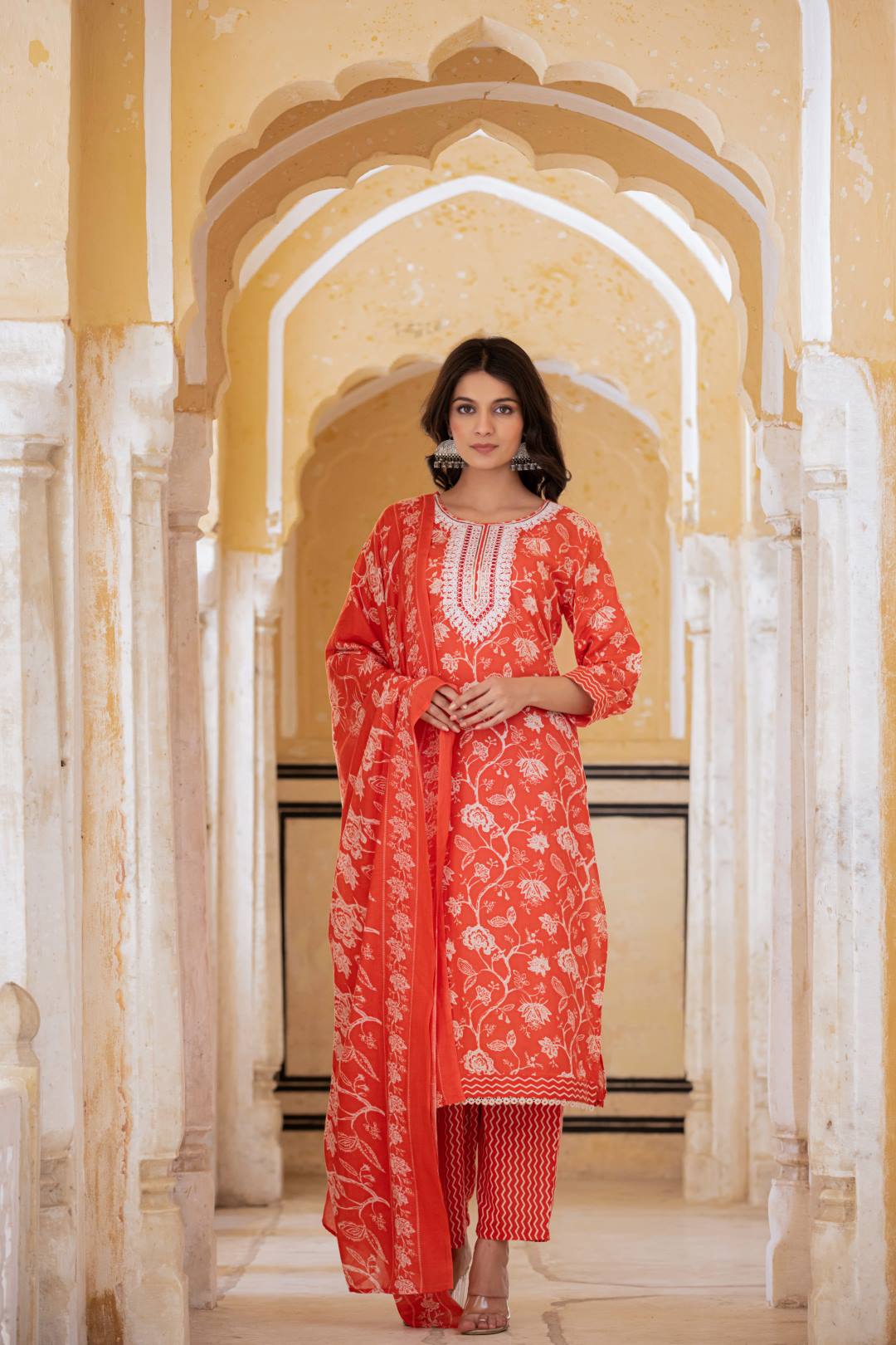 Varanga Women Red Printed Round Neck Straight Kurta With Bottom And Dupatta - Distacart