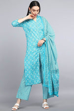 Thumbnail for Ahika Turquoise Blue Cotton Ethnic Motifs Print Suit Set
