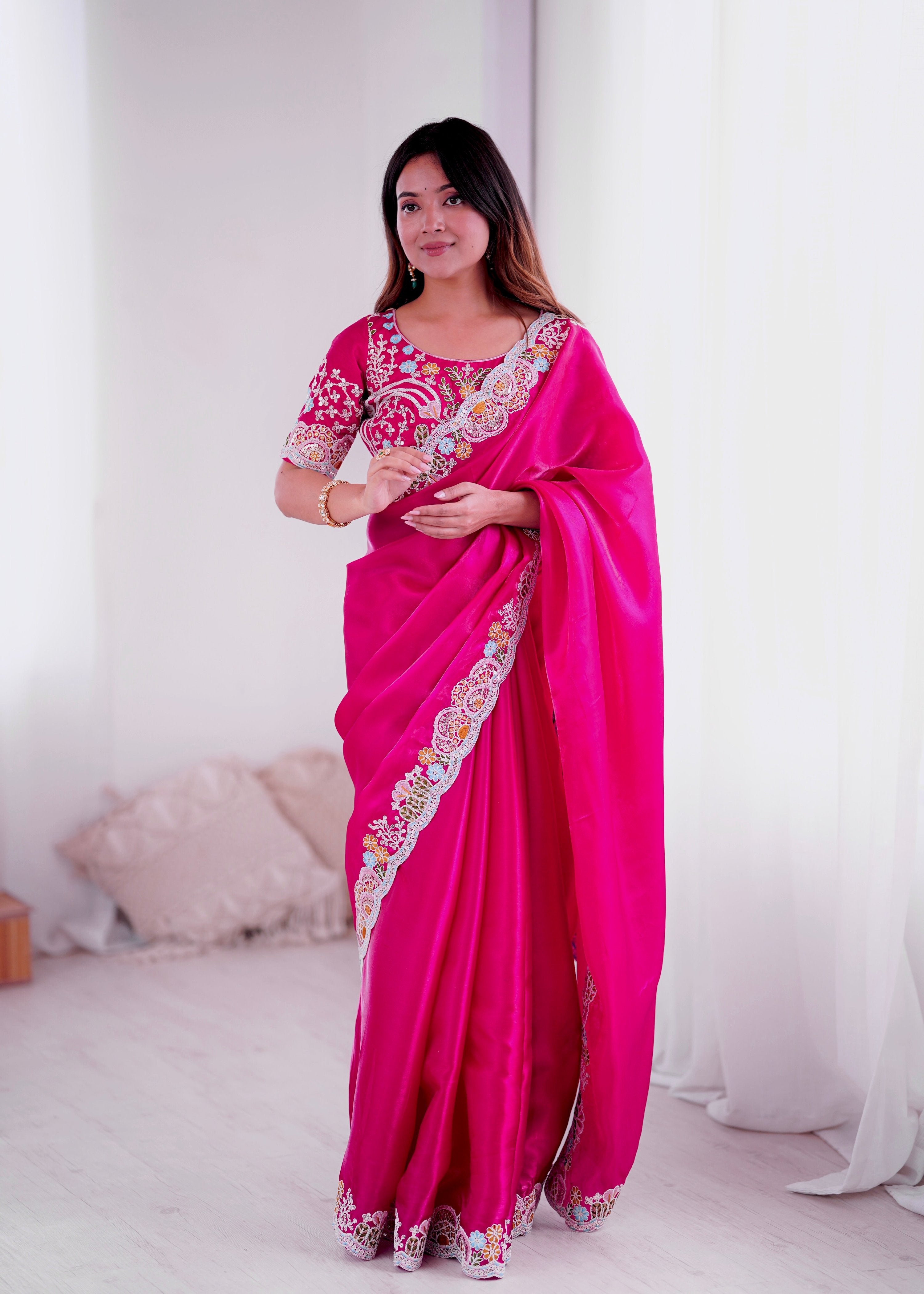 Lorenvalley Fashion Magenta Jimmy Choo with Embroidery Threads Codding & Sequins Work Saree with Blouse