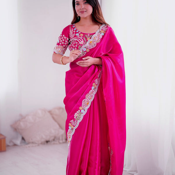 Lorenvalley Fashion Magenta Jimmy Choo with Embroidery Threads Codding & Sequins Work Saree with Blouse - Distacart
