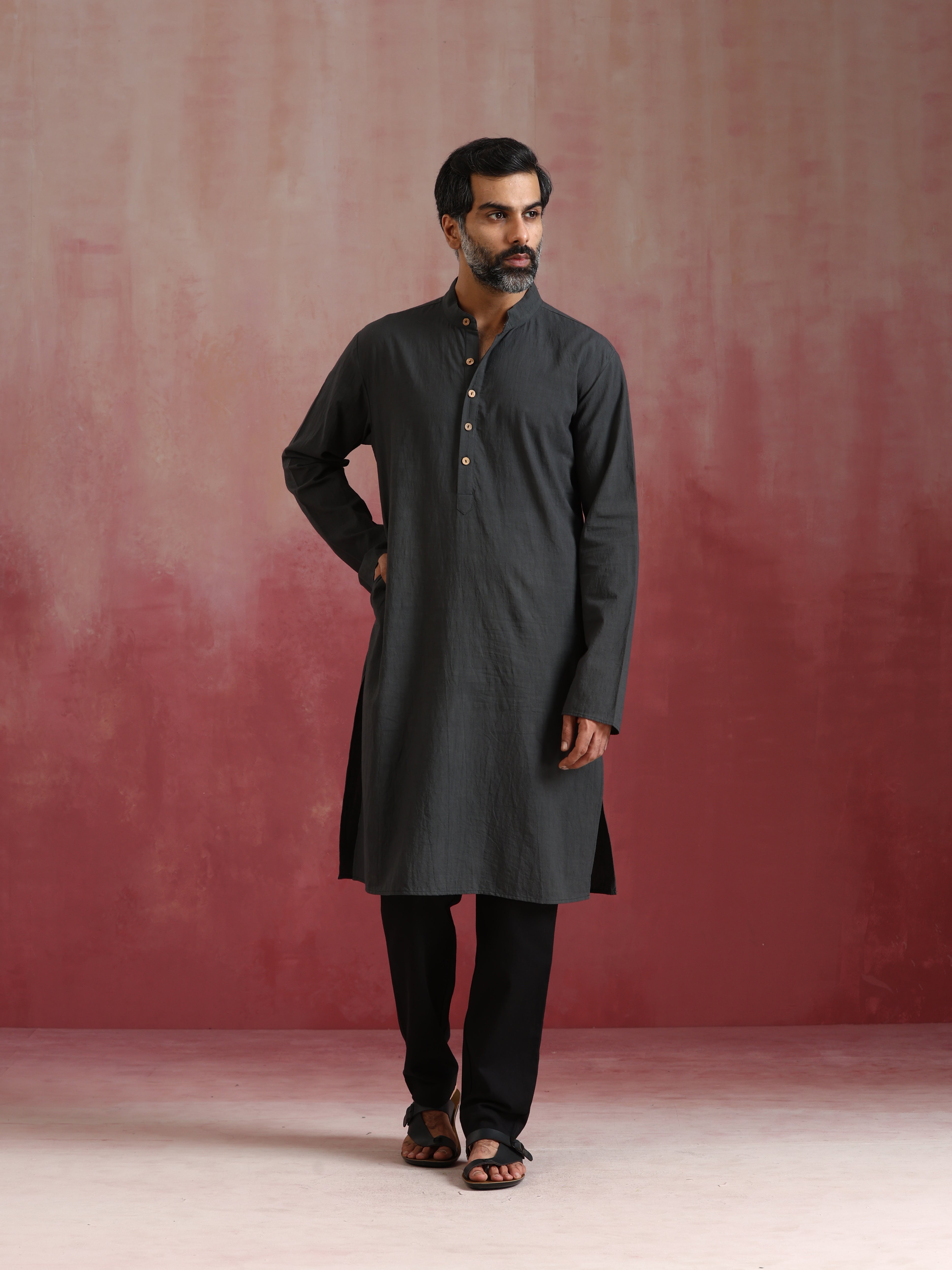trueBrowns Men's Charcoal Grey Mandarin Collar Kurta - Distacart
