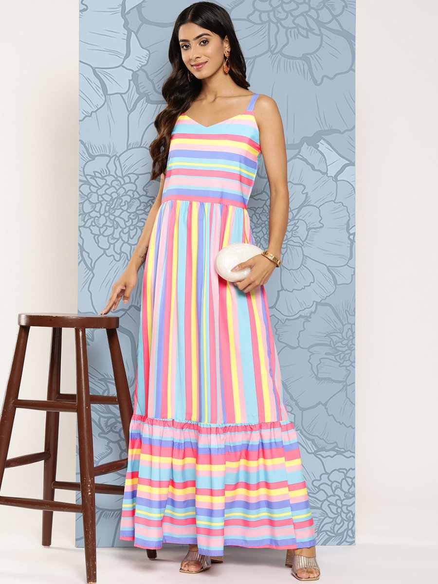 Ahalyaa Striped Crepe Maxi Ethnic Dress - Distacart