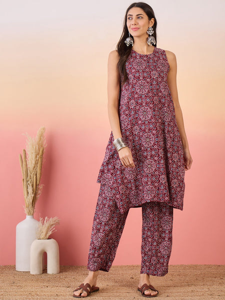 InWeave Maroon Navy Ajrakh Foil Round Neck Kurta Pant Set