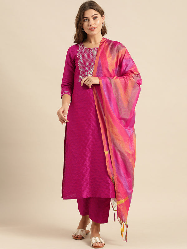 Varanga Magenta Zari And Gota Patti Embroidery Kurta With Trouser With Multi Color Silk Dupatta - Distacart