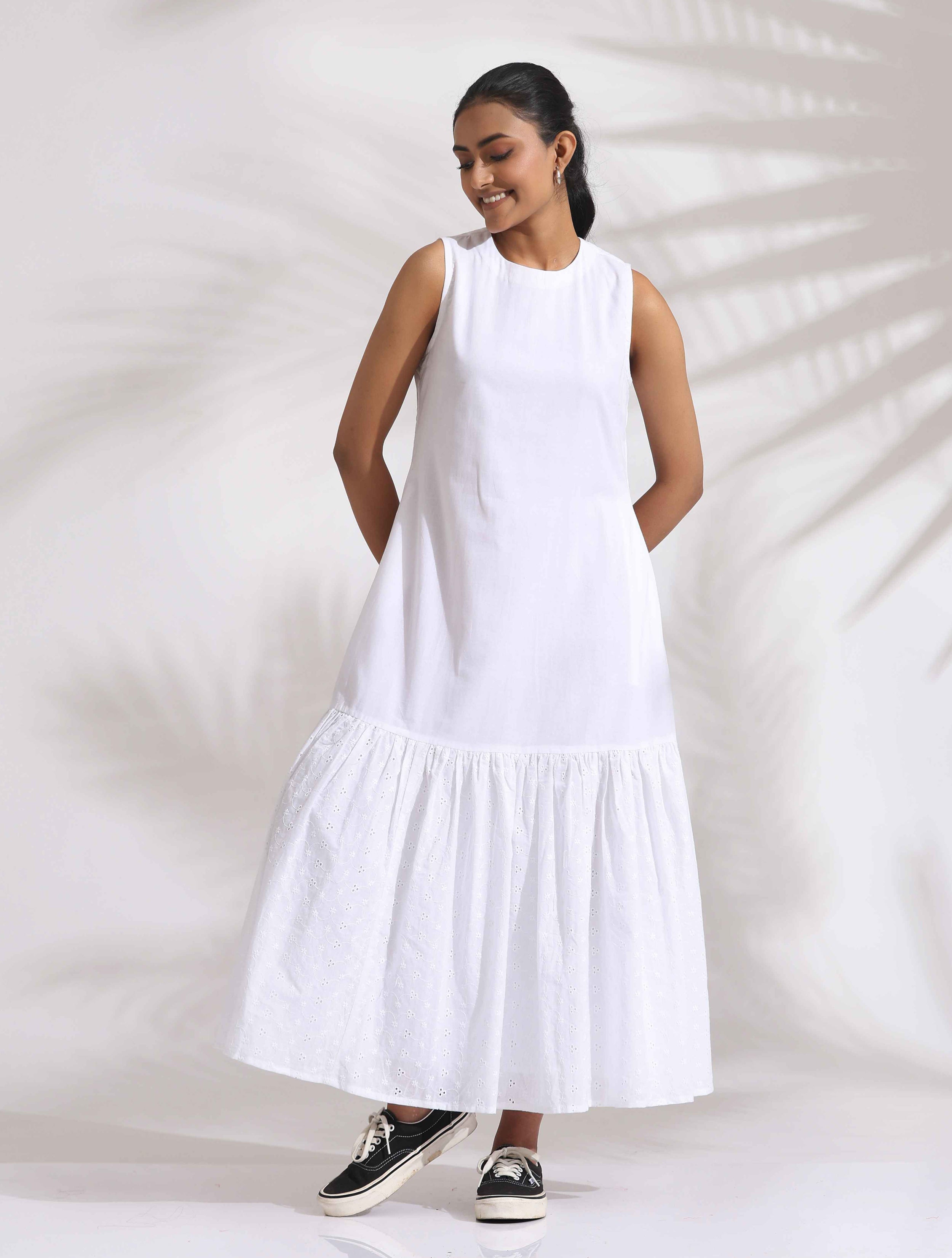 trueBrowns White Cotton Schiffli Tier Dress - Distacart