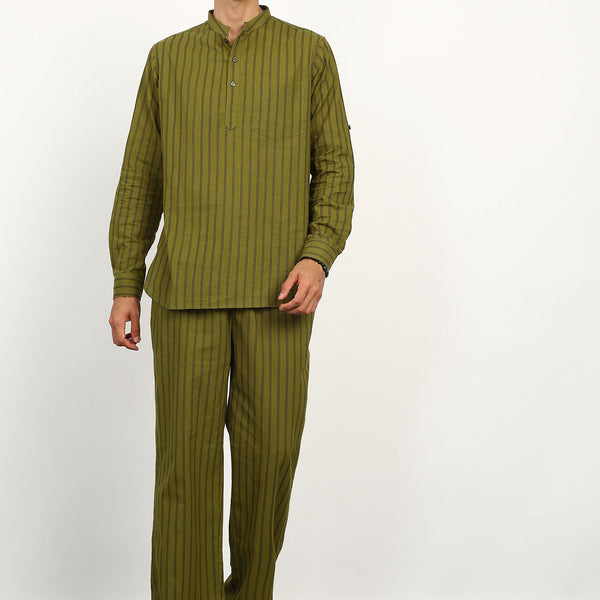 Fabmade Olive Stripe Linen Kurta Set - Distacart