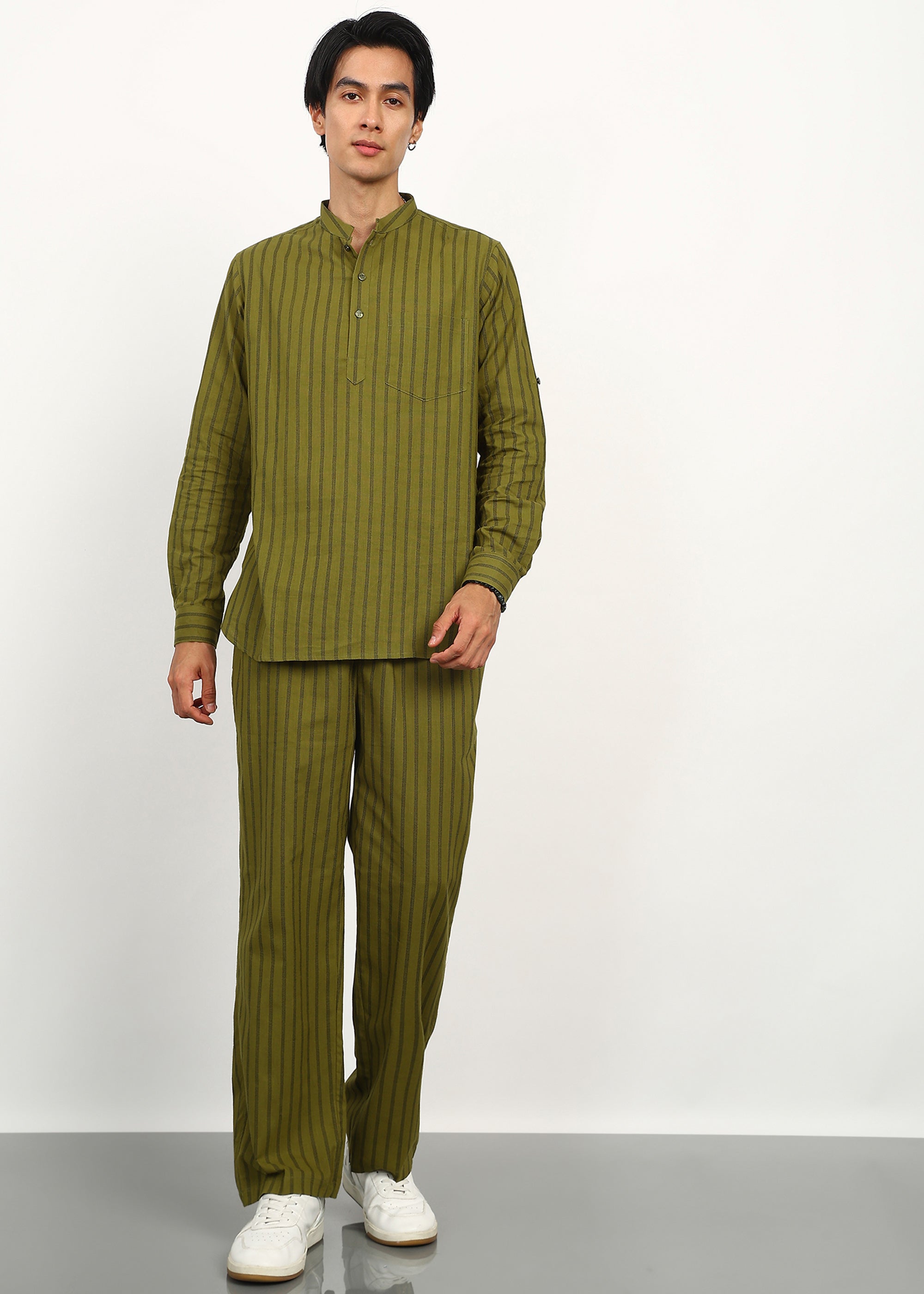 Fabmade Olive Stripe Linen Kurta Set - Distacart