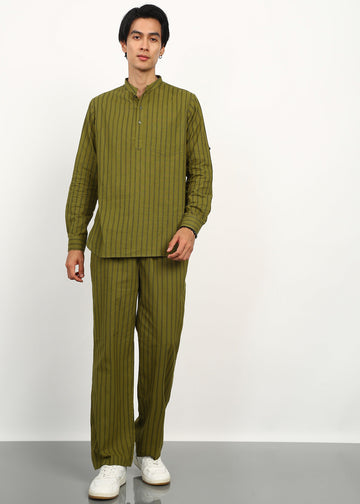 Fabmade Olive Stripe Linen Kurta Set - Distacart