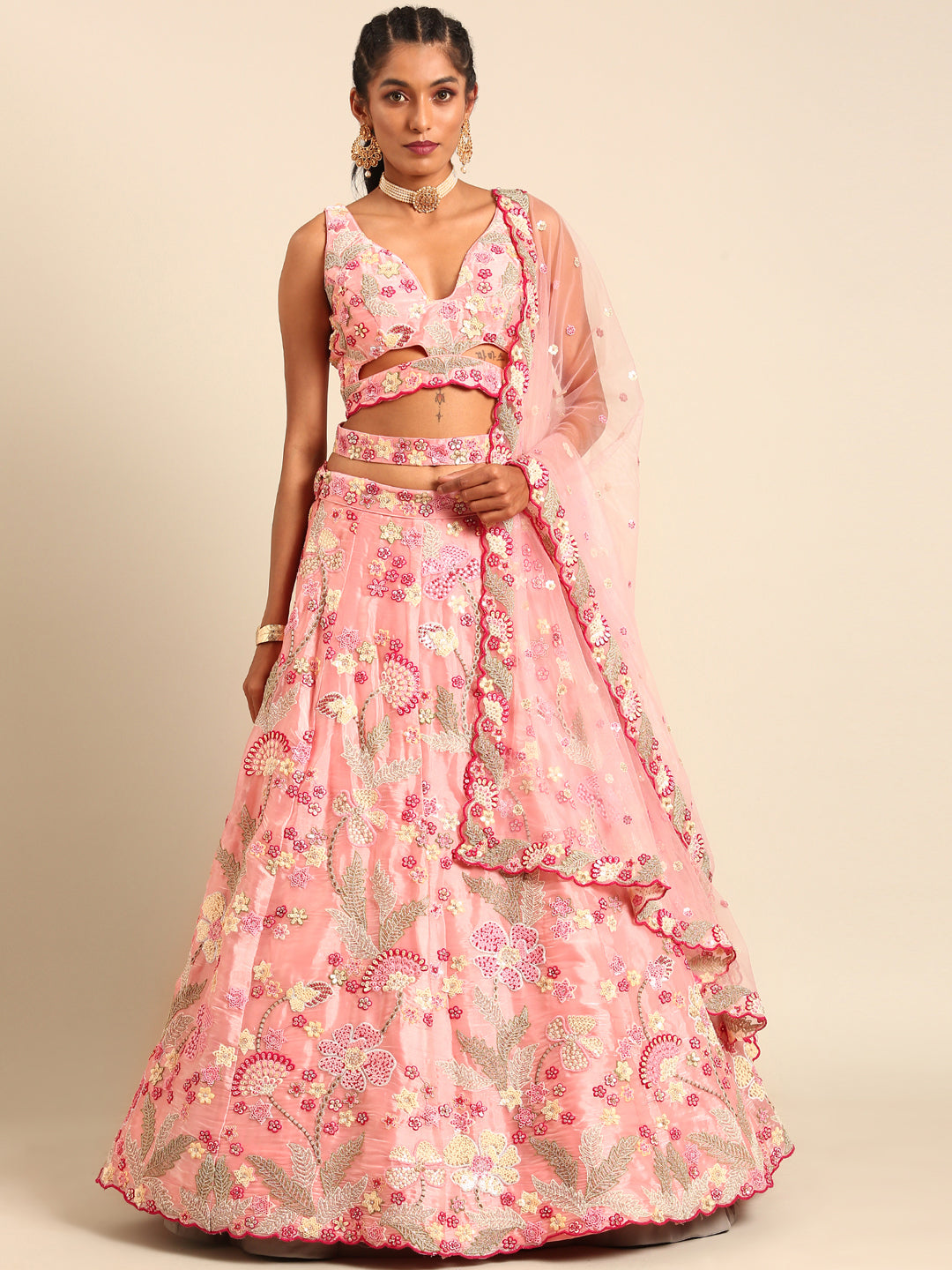 House of Panchhi Pink Organza Sequins And Zarkan Embroidery Lehenga Choli & Dupatta - Distacart
