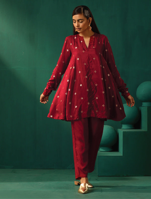trueBrowns Maroon Diamond Viscose Silk Relaxed Co-ord Set - Distacart