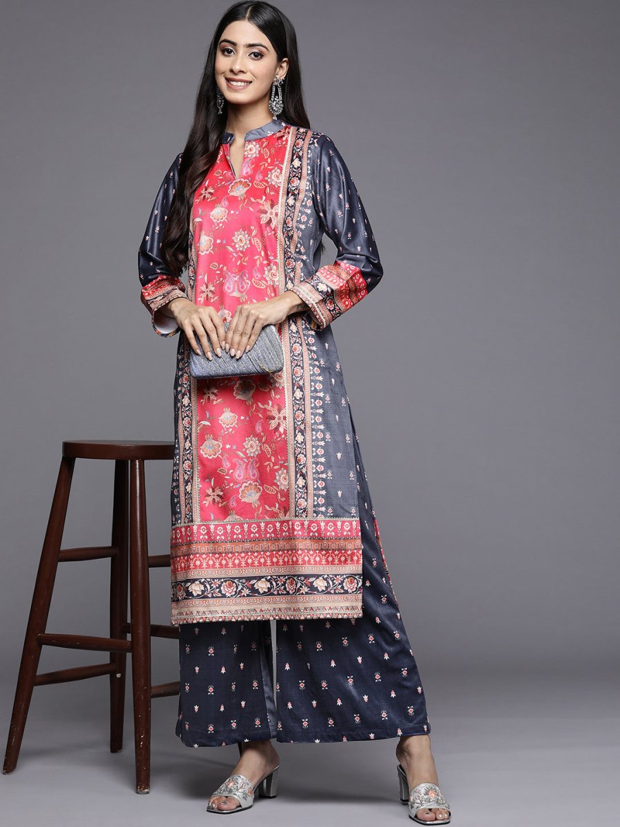 Ahalyaa Women Navy Blue Ethnic Motifs Printed Gotta Patti Velvet Kurta with Palazzos - Distacart