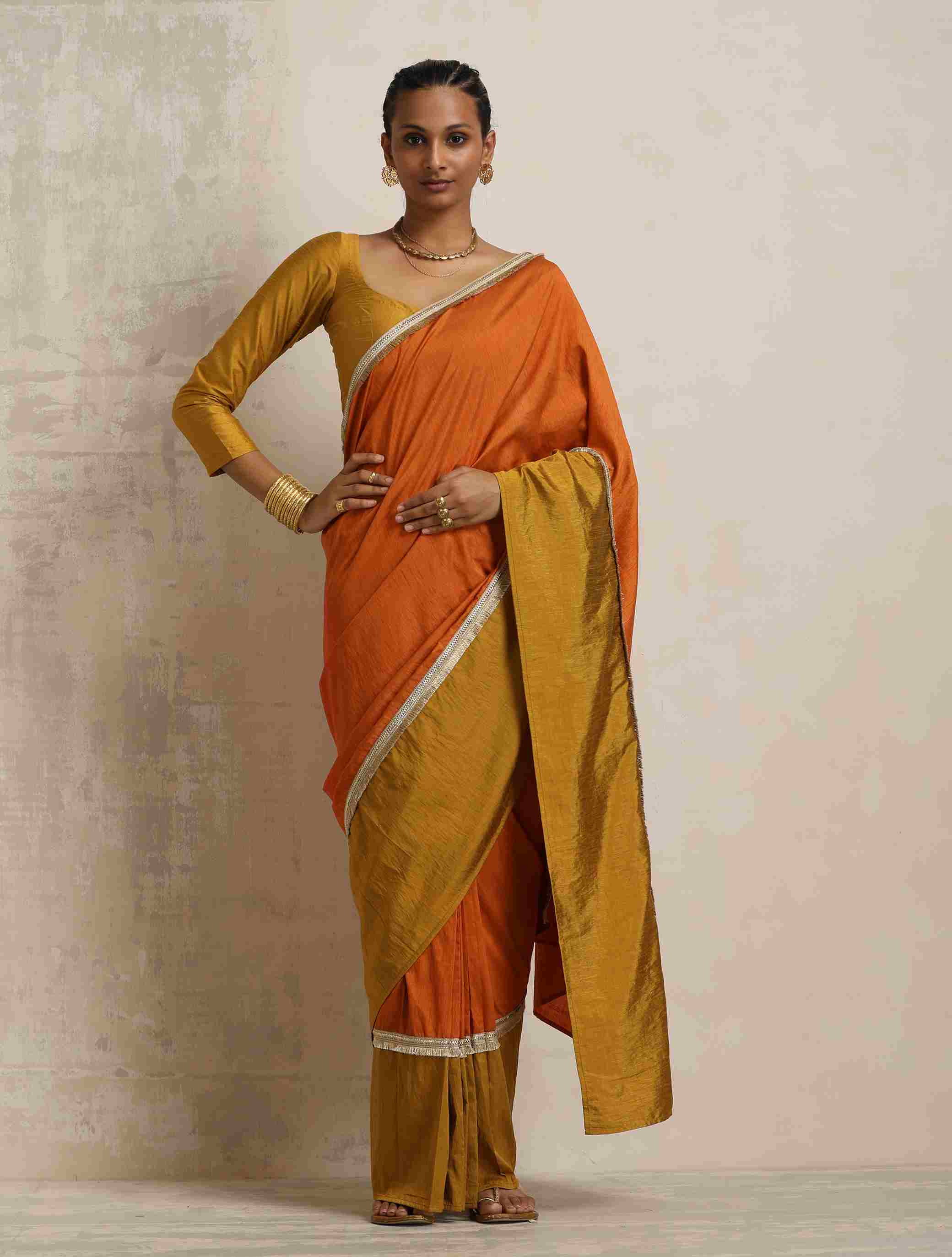trueBrowns Orange Silk Ready To Wear Saree - Distacart