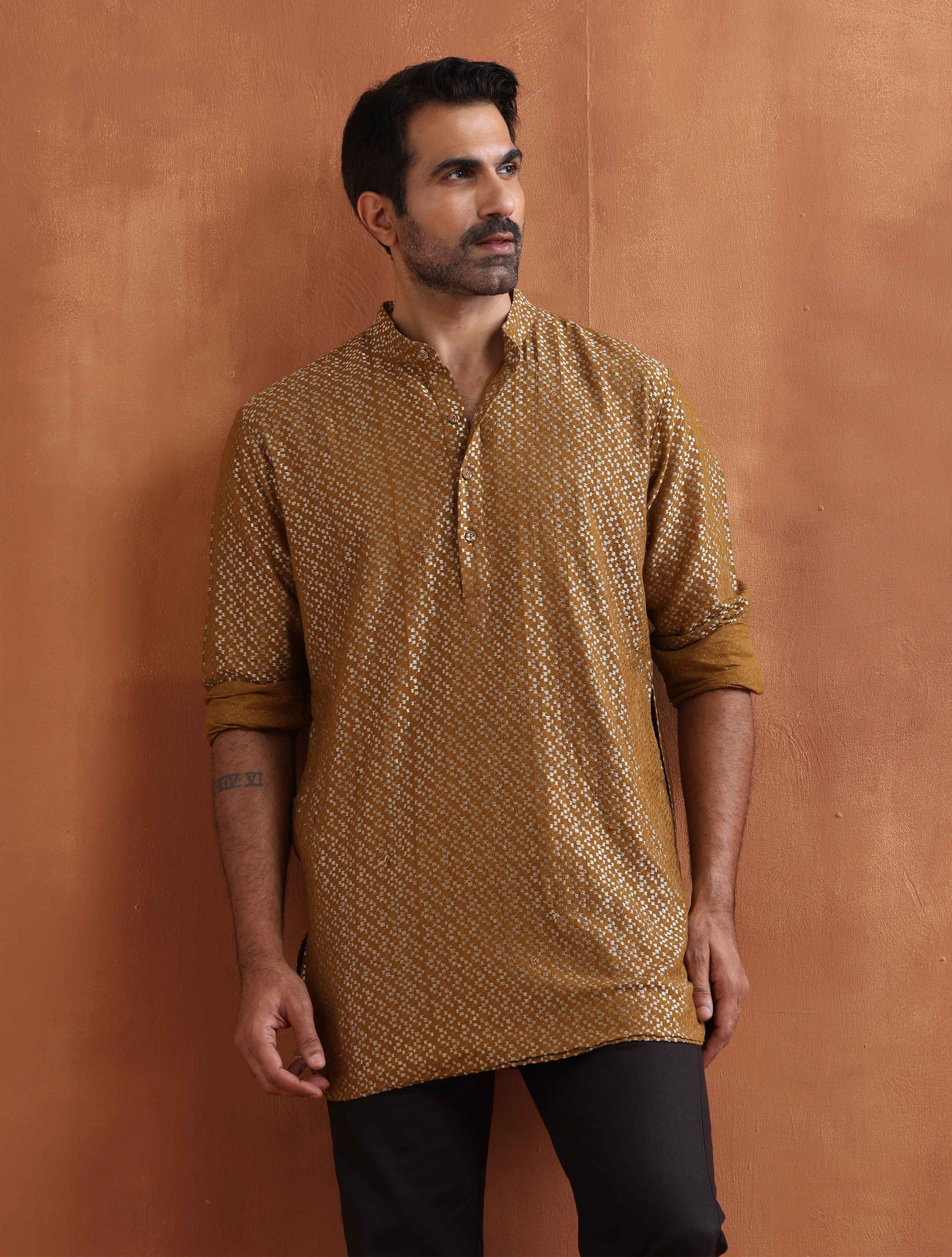 trueBrowns Men's Mustard Cotton Dobby Short Kurta - Distacart