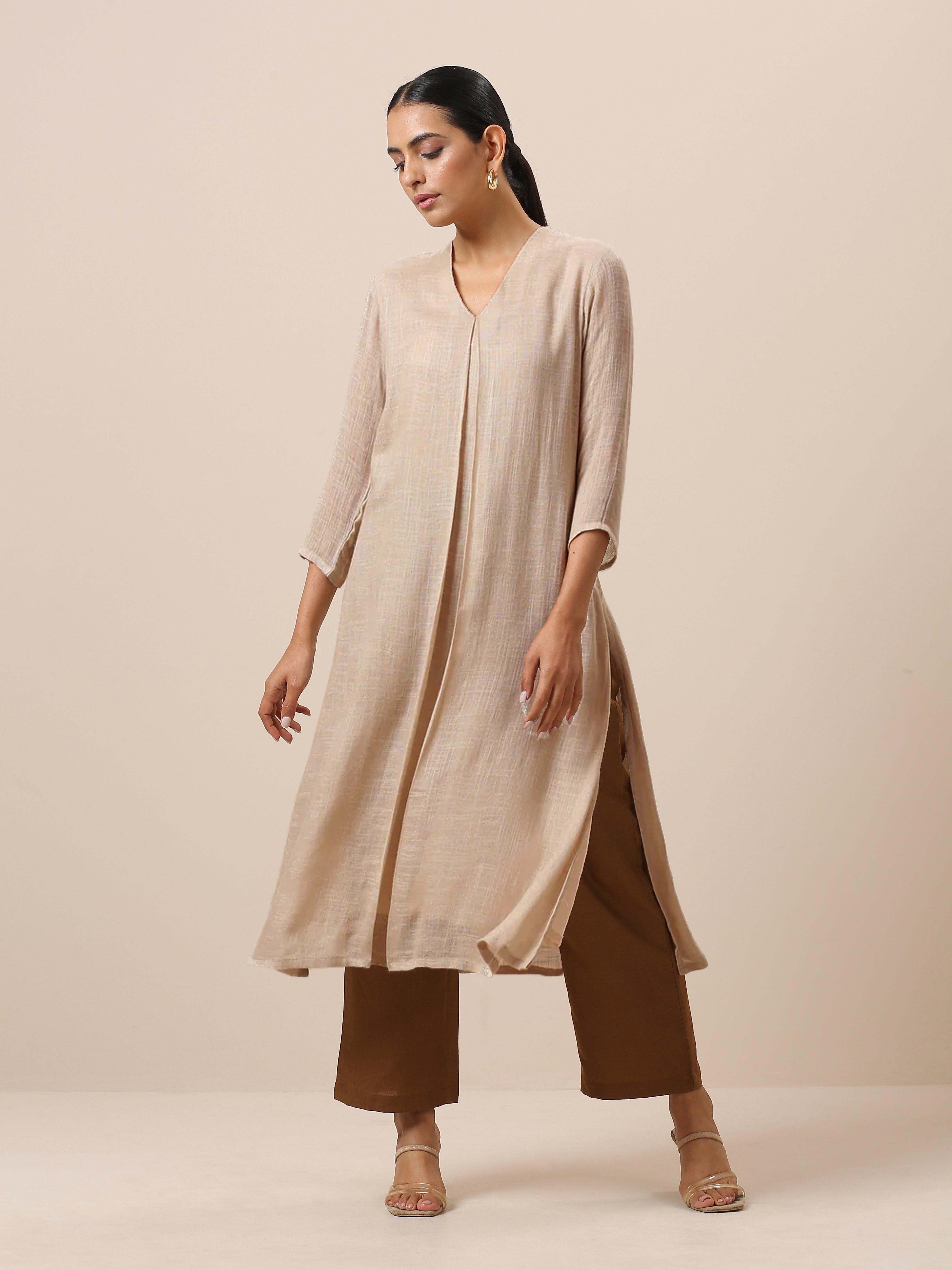 trueBrowns Linen Beige Textured Slit Kurta Pant Set - Distacart