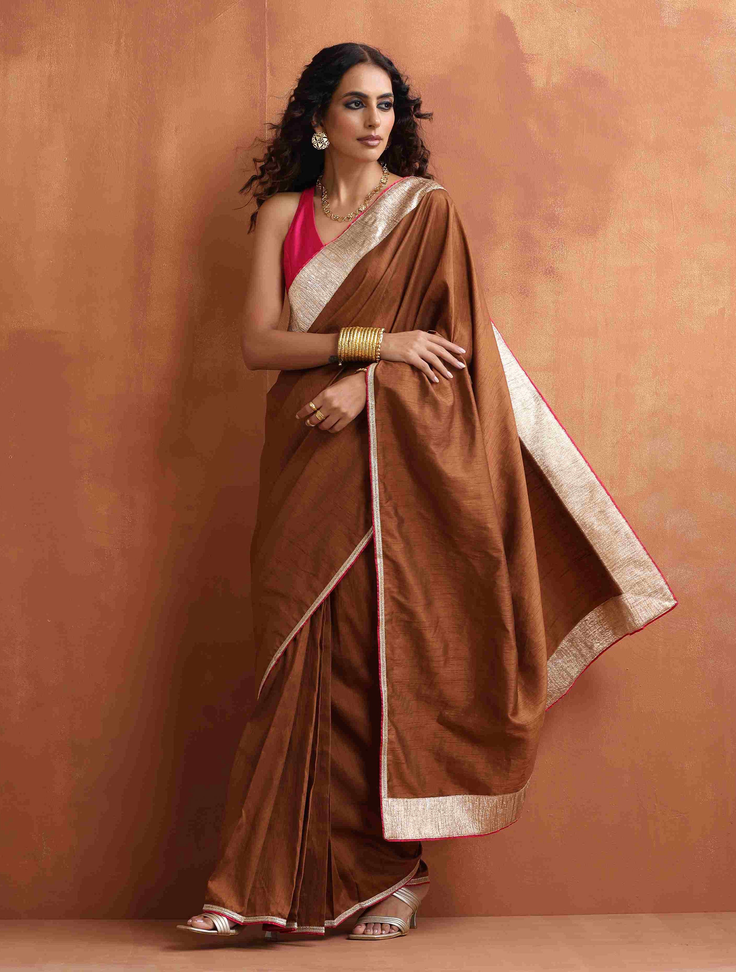 trueBrowns Brown Silk Ready To Wear Saree - Distacart