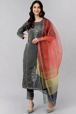 Thumbnail for Ahika Grey Poly Silk Embroidered Straight Suit Set