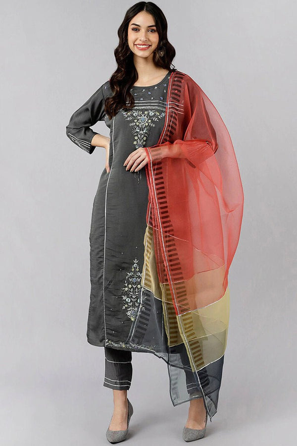 Ahika Grey Poly Silk Embroidered Straight Suit Set