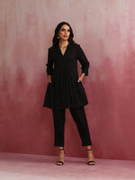 Thumbnail for trueBrowns Black Viscose Slub Pleated Kurta Co-ord Set