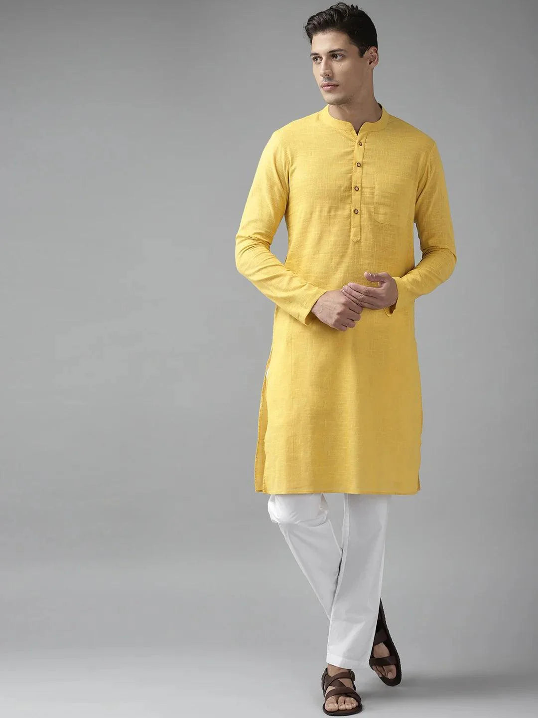 Fabmade Men Yellow Cotton Linen Kurta Pyjama