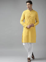 Thumbnail for Fabmade Men Yellow Cotton Linen Kurta Pyjama