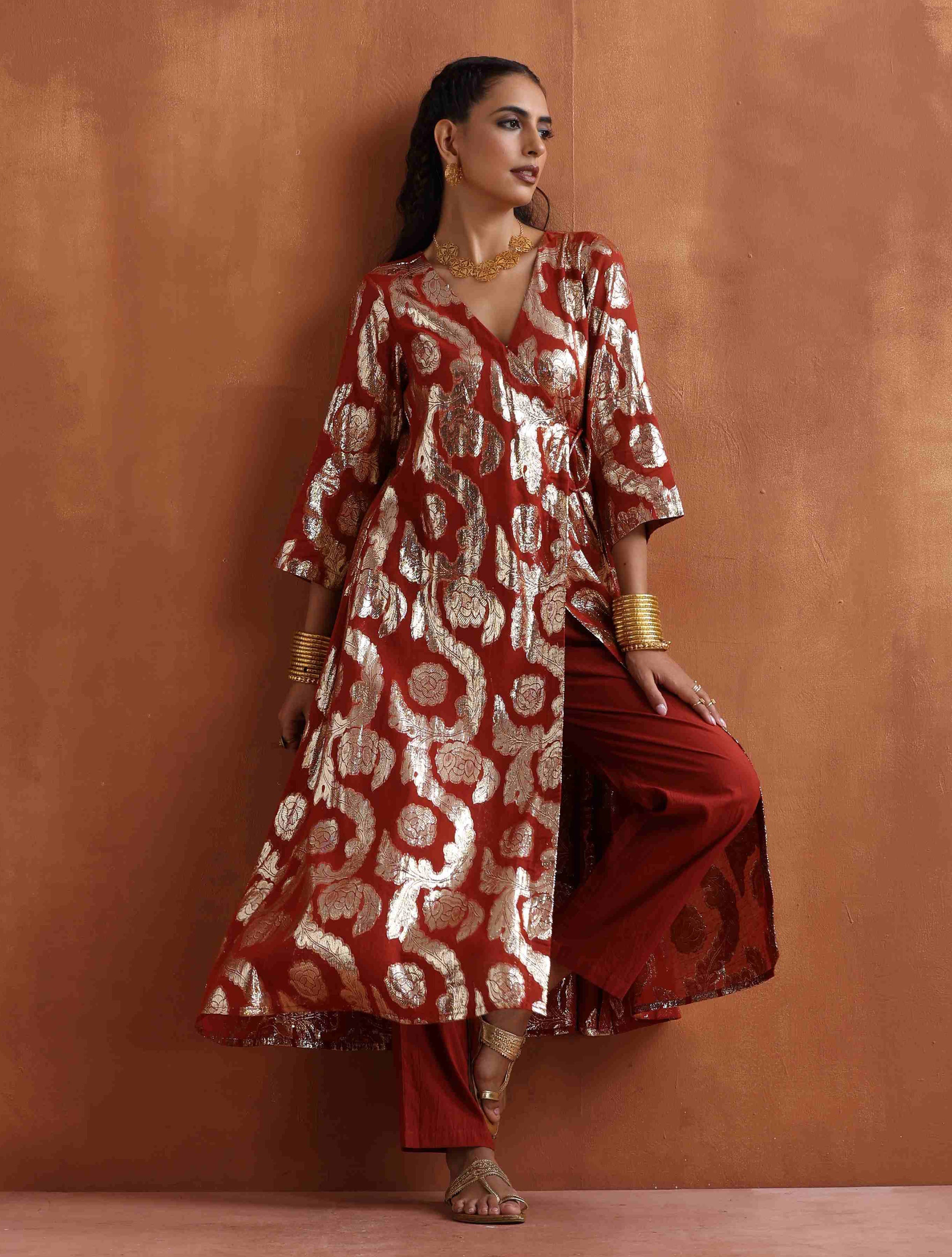 trueBrowns Rust Metallic Angrakha Kurta Set - Distacart