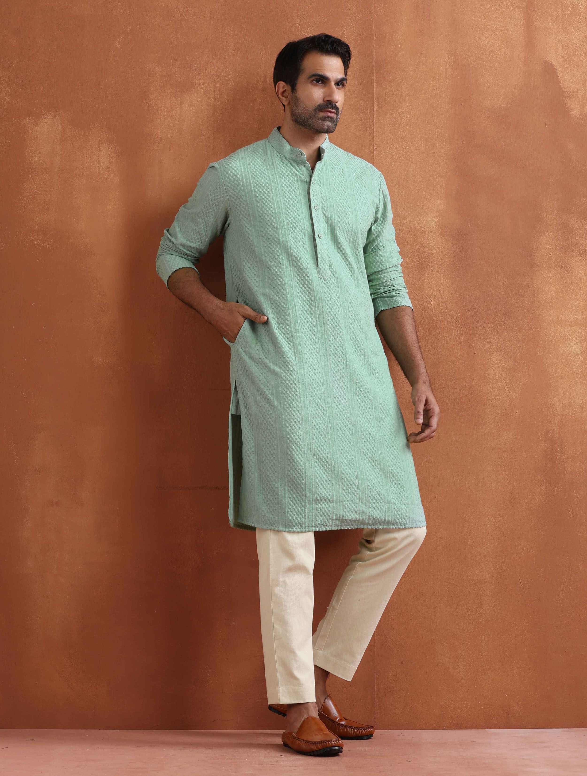 trueBrowns Men's Green Cotton Dobby Kurta - Distacart