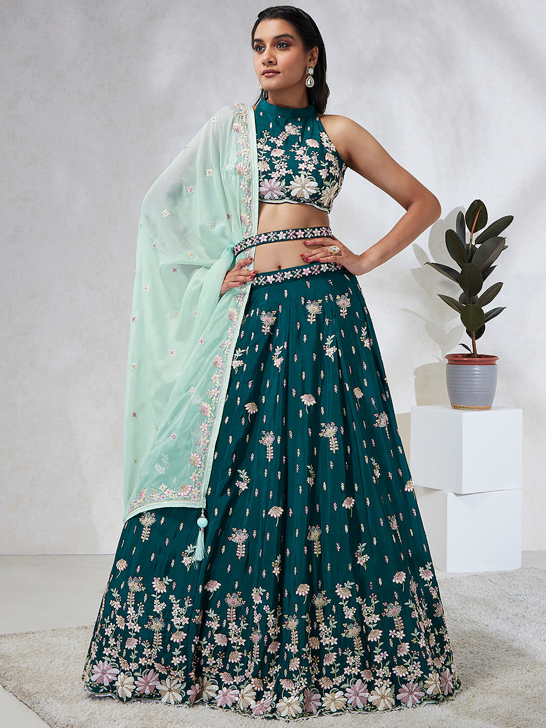 House of Panchhi Green Pure Georgette Sequins And Thread Embroidery Lehenga Choli & Dupatta - Distacart