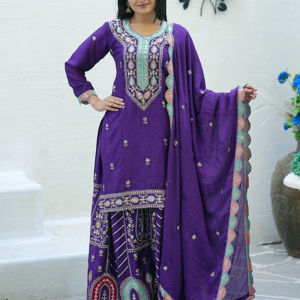 Teeya Creation Purple Color Chinon Silk Heavy Embroidery Work Fully Stitched Sharara Suit - Distacart