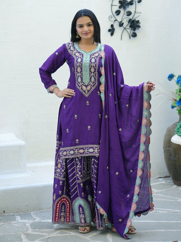Teeya Creation Purple Color Chinon Silk Heavy Embroidery Work Fully Stitched Sharara Suit - Distacart