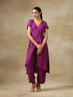 Thumbnail for trueBrowns Purple Bandhani Printed Silk Drop Shoulder Kurta Pant Set - Distacart